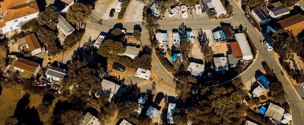Aerial view of caravan and motorhome pitches at Camping Alvor